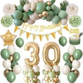Decoration 30th Birthday Woman Man, Birthday Decoration 30 Men Women, 30th Birthday Women Avocado Green Gold Balloons with Happy Birthday Banner, Pompoms for Man 30th Decorations