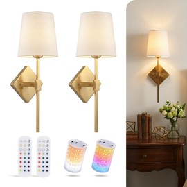CLOUDY BAY 10000mAh Battery Operated Wall Sconces,Up to 100 Hours with Rechargeable RGB Dimmable Magnetic Bulb,Cordless Wall Lighting Fixtures with Remote for Bedroom,Soft Gold,2 Pack-18inch