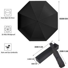 Rainproof and Windproof Travel Rain Umbrella, 16 Ribs Reverse Folding Buckle Portable Umbrella, Unisex Automatic Opening and Closing Umbrella Suitable for Rainy Days and Daily Use (Black Umbrella)