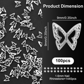 100 Stück Legierung Schmetterling Nagel Charms, Silber Schmetterling Nagel Kunst Anhänger, Strass Schmetterling Dekorationen für DIY Nagel Kunst Dekoration Handwerk Schmuck