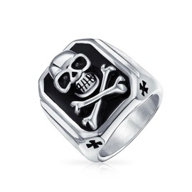 Bling Jewelry Mens Big Black Enamel Caribbean Pirate Skull & Cross Bones Rectangle Signet Ring for Men Teens Silver Tone Stainless Steel