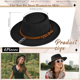 4 Pcs Fedora Hats for Women Vintage Wool Fedora Hat Felt Boho Pork Pie Hat with Belt Panama Hat Jazz Hat (Black, Wine, Dark Blue, Dark Green)
