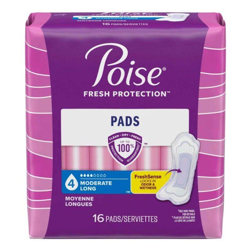 Poise Incontinence Pads for Women, 4 Drop Moderate Absorbency, Long