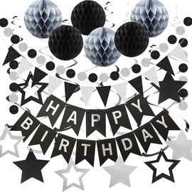 Black and Silver Birthday Decorations, Happy Birthday Banner with Honeycomb Ball, Star Hanging Swirl Streamer, Circle Dot Garland Decorations - Birthday Party Decorations for Men Boys Women Girls