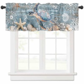 WEEKA CLSNE Sea Turtle Coastal Valances for Windows Living Room/Bedroom, Teal Coral Nautical Short Curtains for Kitchen/Bathroom, Farmhouse Starfish Shells Window Treatment Decor Panel 54" x 18"