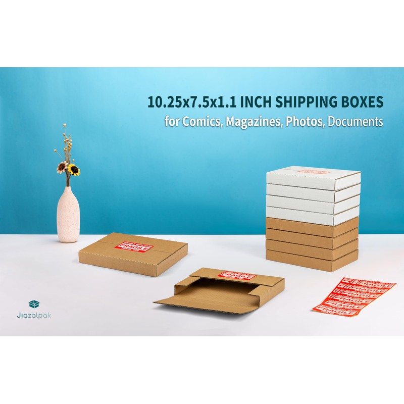 Jiazalpak Comic Book & Magazine Shipping Boxes, 10.25x7.5x1.1 Inch, 50-Pack