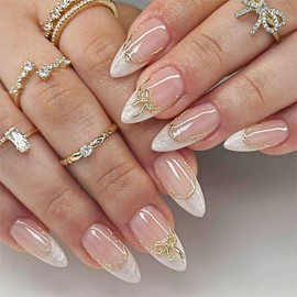 White French Tips Press on Nails Medium Almond Fake Nails with Gold Bow Charm Design 3D Golden Lines Stick on Nails Cloudy False Nails Glossy Skin Tones Glue on Nails for Women Girls Manicure 24Pcs