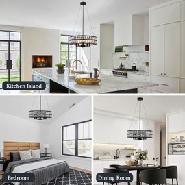 20-Inch Black Crystal Chandeliers, 5-Light Modern Luxury Pendant Light, Adjustable Drum Chandelier for Kitchen Island, Dining Room, Living Room, Bedroom, Foyer