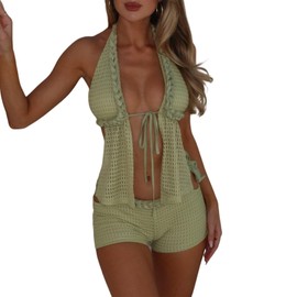 Mioliknya Women Crochet Set 2 Piece Cover Up V Neck Halter Front Tie Backless Crop Tops Mini Shorts Beach Outfit (Green, L)