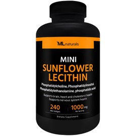ML Naturals Mini Sunflower Lecithin 240 Softgels. Phosphatidylcholine, Phosphatidylinositol, Phosphatidylthanolamine, Phosphatidic Acid, NSF-Certified & cGMP-Compliant