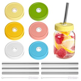 SusuBee 6 Plastic Pack Mason Jar Lids, Colorful Regular Mouth Mason Jar Drinking Lids Compatible for Mason Jar, Canning Ball Jars, with Straws and Cleaning Brush (JAR NOT INCLUDES)