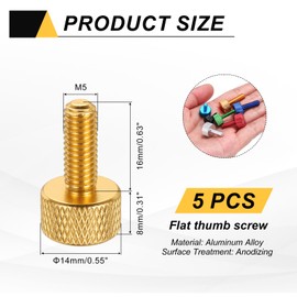 MECCANIXITY 5 Pcs M5x16mm Flat Head Knurled Thumb Screws, Solid Aluminum Alloy Fully Threaded Thumbscrew Bolts Fasteners for PC Computer Cases Graphics Card, Gold
