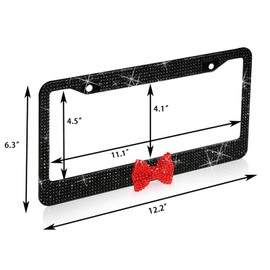 Bling License Plate Frame，Handcrafted Bling Rhinestone Premium Stainless Steel License Plate Frame，14 Facets Clear Color Rhinestone Crystal (1 Pack Black&Red-Bow)