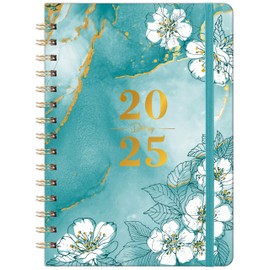 Diary 2025 - A5 Diary 2025 Week to View, from January 2025 to December 2025, with Elegant Cover and Twin-wrie Binding - Green Marble and Cherry Blossom, 21.5 x 15.5 x 1.5 cm