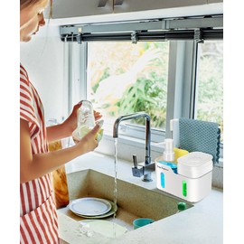 Hand Soap and Dish Soap Dispenser Set for Kitchen │ Dual Soap Dispenser with Sponge Holder and Dishcloth Holder 4-in-1 Organizer for Kitchen Sink Countertop │ Useful Kitchen Gadgets │ White