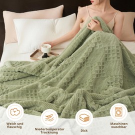 Miyacare Cuddly Blanket, 100 x 150 cm, Couch Blanket, Throw, Soft and Warm Fleece Blanket, Waffle Pattern Blanket, Cosy Cord Blanket, Cuddly Blanket, Fluffy (Grass Green, W 100 x L150 cm)