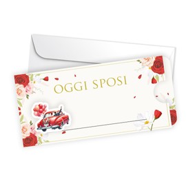 Biglietto di Auguri Matrimonio 'Oggi Sposi', Design Vintage con Auto Rossa e Rose, Scorrevole con Busta