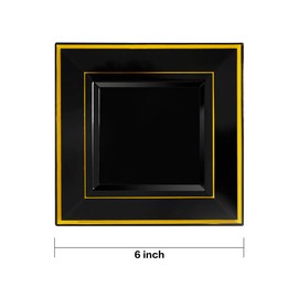 bUCLA 100PCS Black Square Plastic Plates with Gold Rim - 6 inch Disposable Dessert/Appetizer/Small Cake Plates for Party, Graduation & Fathers Day