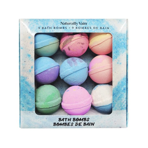 Naturally Vain Bath Bomb Set, Handmade, Non-Staining, Sulfate-Free, Natural Luxury Bath Fizzies, Aromatherapy Spa Gift Set, Assorted Scents, 9-Pack