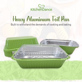 KitchenDance 1.5 lb. Colored Foil Takeout Containers With Lids - Heavy Gauge Aluminum Containers - Casserole Dish Disposable Pans for Cooking, Freezing, Food Prep, Storage - 7650 (Green, 50)