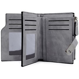 GOUNNU Small Women's PU Leather Mini Purse Women's Small and Short Format Purse Women's Many Compartments Purse Women's with 16 Card Slots and Zip Coin Compartment, gray, Retro
