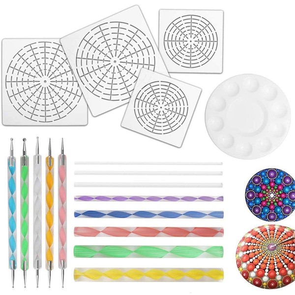 18 Pcs Mandala Dotting Tools for Painting Rocks, Mandala Rock Painting Kit with Mandala Stencil, Acrylic Rods, Double Sided Dotting Tools and Paint Tray