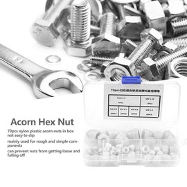 Acorn Nut Assortment Kit, Nylon Dome Head Cap Hex Nut Crown Acorn Nuts Shaped Cap Nut 70 Pieces M3/M4/M5/M6/M8/M10 Black, White (optional), White