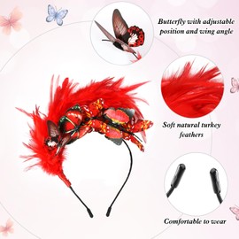 MWOOT Feather Butterfly Hair Accessories Headband, 1920s Fascinator Headpiece for Women, Red Feather 20s Headband with Butterfly for Carnival Cocktail Wedding Tea Party Accessories