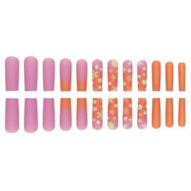 Press on Nails Extra Long - Aegenacess Square Press On Nails with Flowers and Glitter, Orange Purple Matte Fake Nails with Glue Sticker, Handmade 24 pcs Stick On Nails False Nail in 12 Sizes