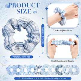Yuxung 10 Pcs Hair Scrunchies for Women Satin Silk Scrunchies Fluffy Fuzzy Flower Plaid Bubble Hair Ties Bulk Elastic Hair Accessories Valentine's Day Scrunchies Gifts for Teens Girls(Blue)