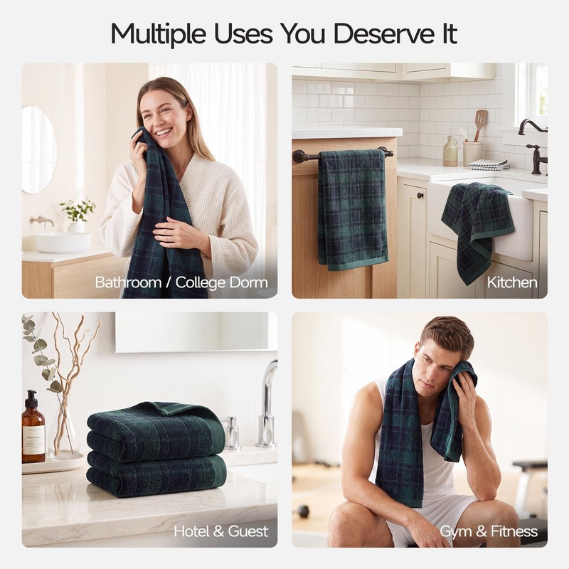 REDKISS 100% Cotton Hand Towels for Bathroom, Green Checkered Towel,