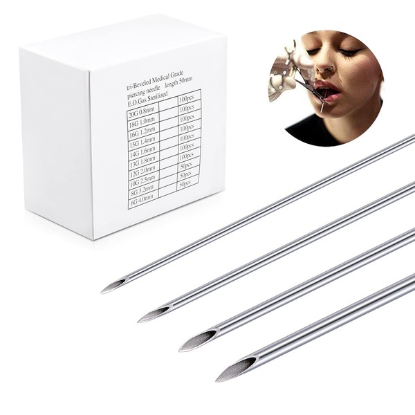 JIESIBAO 50PCS Mixed Body Piercing Needles, 12G 14G 16G 18G 20G Stainless Steel Sterile Disposable Ear Nose Navel Nipple Lip Piercing Needles
