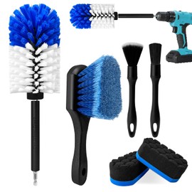 Wheel Brush Kit, Soft Drill Wheel Cleaner Brush, Tire Brush, No Scratches Car Wheel Cleaning Kit for Wheels, Tires, Rims, Engines, Exhaust(Blue+White, 6 Pk)