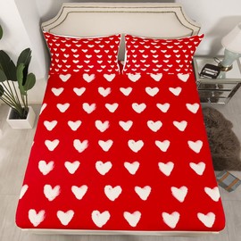 Red White Bed Sheets King Size Cute Heart Pattern Bedding Set for Kids Boys Girls Valentine Day Gift Fitted Sheet Cartoon Love Geometric Flat Sheet Love Heart Soft Warm Sheet Sets Bedroom Decor 4Pcs