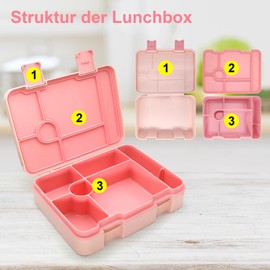XJIANFU Brotdose mit Fächern,1300ml Auslaufsichere Bento-Box, Kinder-Lunchbox,Auslaufsicher Mit 5 Fächern,Jausenbox Brotbox für,Mädchen & Jungen,Mikrowelle/spülmaschinenfest (Rosa)