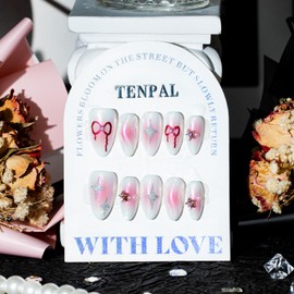 TENPAL Aurora Pink White Nails with Stars Bow Ties Handmade Press On Nails Almond Acrylic Nails Press ons Y2k Sweet Cool Gel Fake Nails For Women Reusable Glue On Nails 10pcs/Box(S)