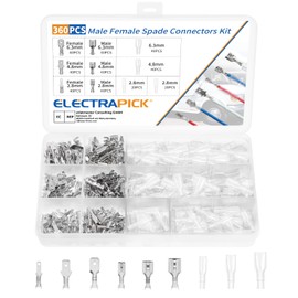 electrapick 360s Electrical Wire Connector Male Female Spade Connectors Wire Crimp Terminal Block with Insulating Sleeve Kit (2.8 mm 4.8 mm 6.3 mm)