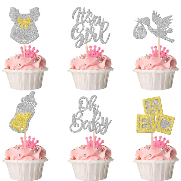 30 piezas para baby shower de Oh Baby cupcake Toppers It's a Girl con lazo con purpurina, para regalo de género, suministros de fiesta de cumpleaños, color plateado