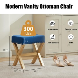 Lasigeli Square Makeup Stool with Rivets Wood X-Legs,Modern Vanity Ottoman Chair,Padded Faux Leather Seat for Dressing Room,Bathroom (Blue+Gold Fabric)