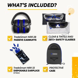 TradeSmart All-in-One Shooting Ear Protection - Comfort+ NRR 28 Earmuffs, Glasses & Earplugs + Carry Case
