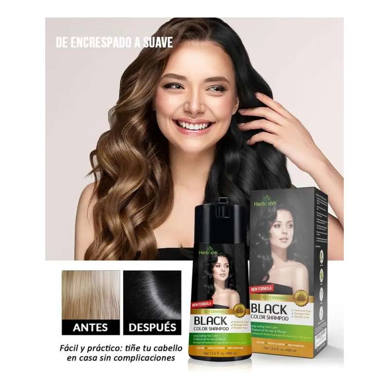 Shampoo Tinte Cubre Canas Negro Herbishh 400ml