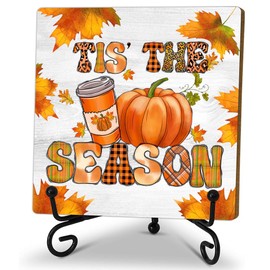 Rustic Autumn Quote Wooden Sign,Tis' the Season, Farmhouse Retro Fall Artwork Decor, Autumn Harvest Thanksgiving Wooden Square Sign Desk Block Signs Home Shelf Office Decoration, 5x5 inches-A18