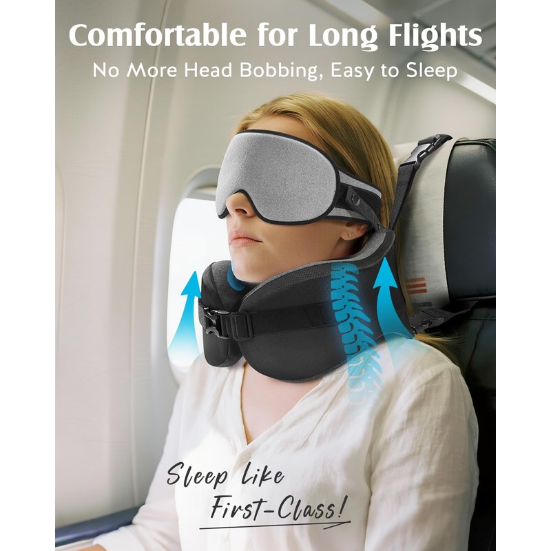 YFONG Travel Pillow for Long Flight Airplanes, Head Strap Combo