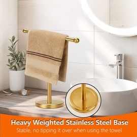 Gold Hand Towel Holder Stand with Heavy Stainless Steel Base, T-Shape Towel Rack, Free-Standing Towel Holder Countertop for Bathroom (Brushed Gold)