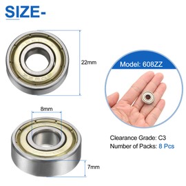 uxcell 8pcs 608ZZ Deep Groove Ball Bearings 0.3 x 0.8 x 0.3 inches (8 x 22 x 7 mm) Carbon Steel Double Sealed Bearing C3 Clearance Grade for Electric Equipment, Household Appliances, Garden Machinery