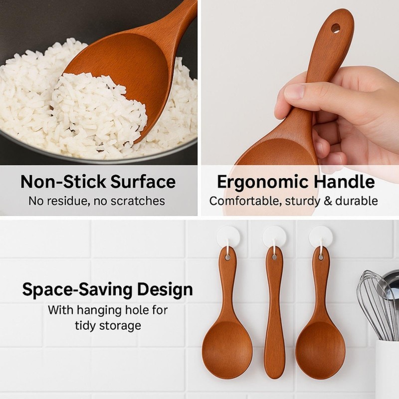 Natural Wood Rice Spoon - Non-Stick Ergonomic Cooking Spoon for