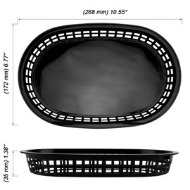 MOUYAT 40 Pack 11 Inch Black Plastic Fast Food Baskets, 10.5 x 6.7 x 1.3 Inch Oval Fast Food Serving Baskets, Food Service Restaurant Hot Dogs Baskets for Serving, Bread, Fried Chicken, Frys, Fruit