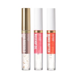 Kiss New York 3 PACK Lip Oil Gloss, Hydrating Non-Sticky Lip Oil, 100% Natural Oil Clear Lip Gloss, Lightweight Lip Moisturizer (Rosegold & Rosehip & Mango Butter)