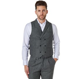 Xposed JAX Mens Herringbone Waistcoat Double Breasted Smart Retro Tailored Fit Waistcoat 1920s Vest [WDB-JAX-GREY-54]