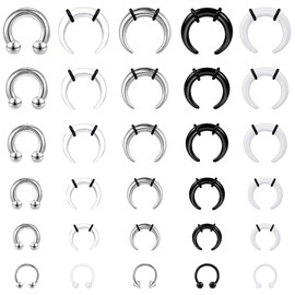 ONESING 30Pcs Septum Pincher Tapers 16G-6G Acrylic Stainless Steel Septum Stretching Kit Internally Threaded Spike Horseshoe Pincher Septum Rings Ear Cartilage Nose Stretch Kit for Women Men